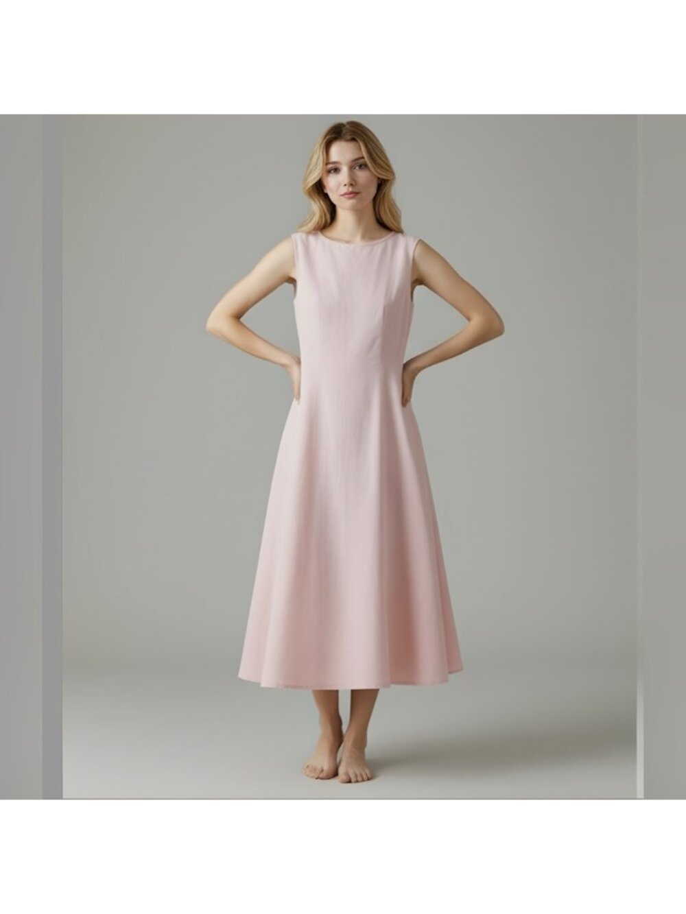 Cotton A- Line Midi Dress Pink - Picture 4 of 8